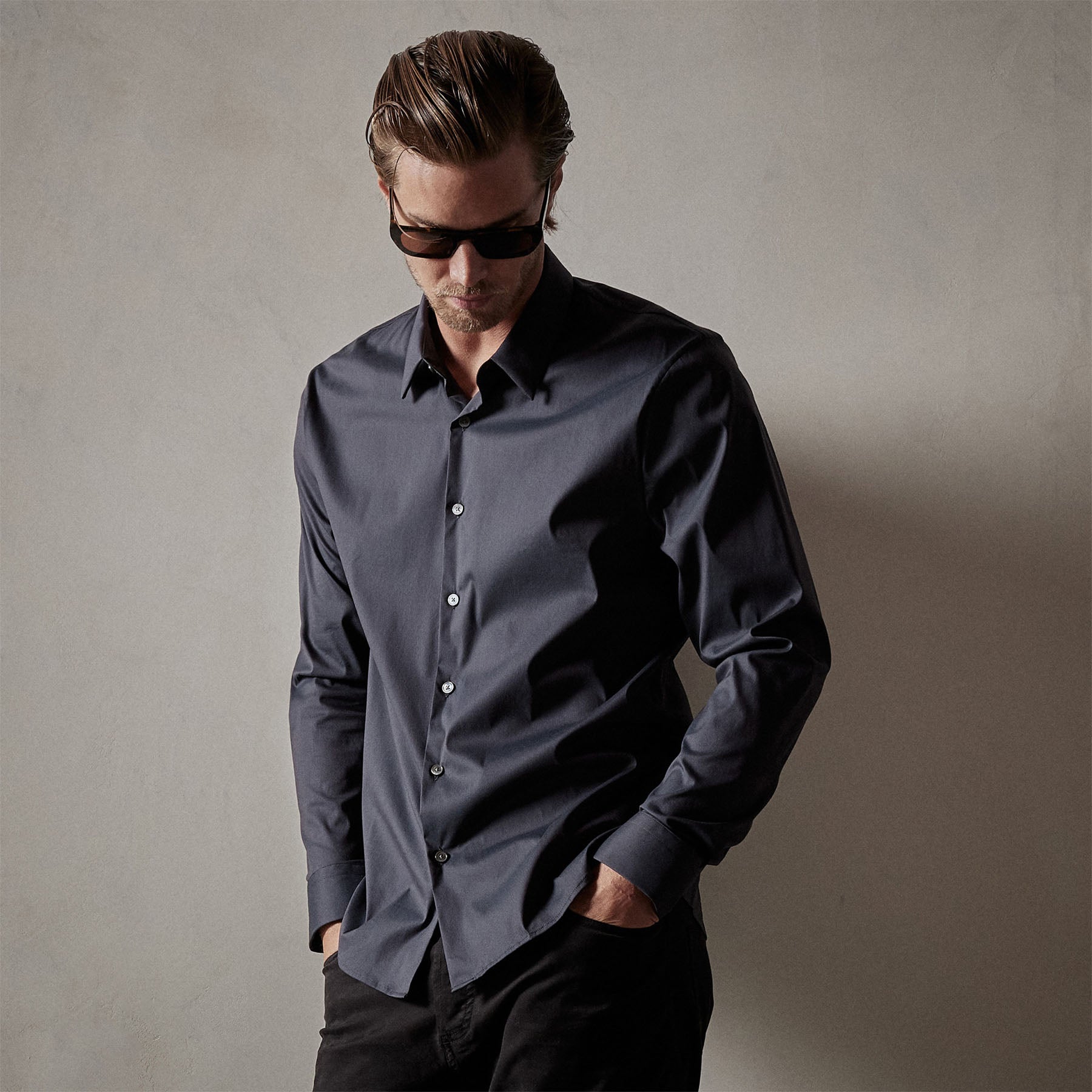 Matte Stretch Poplin Dress Shirt Black James Perse Los Angeles