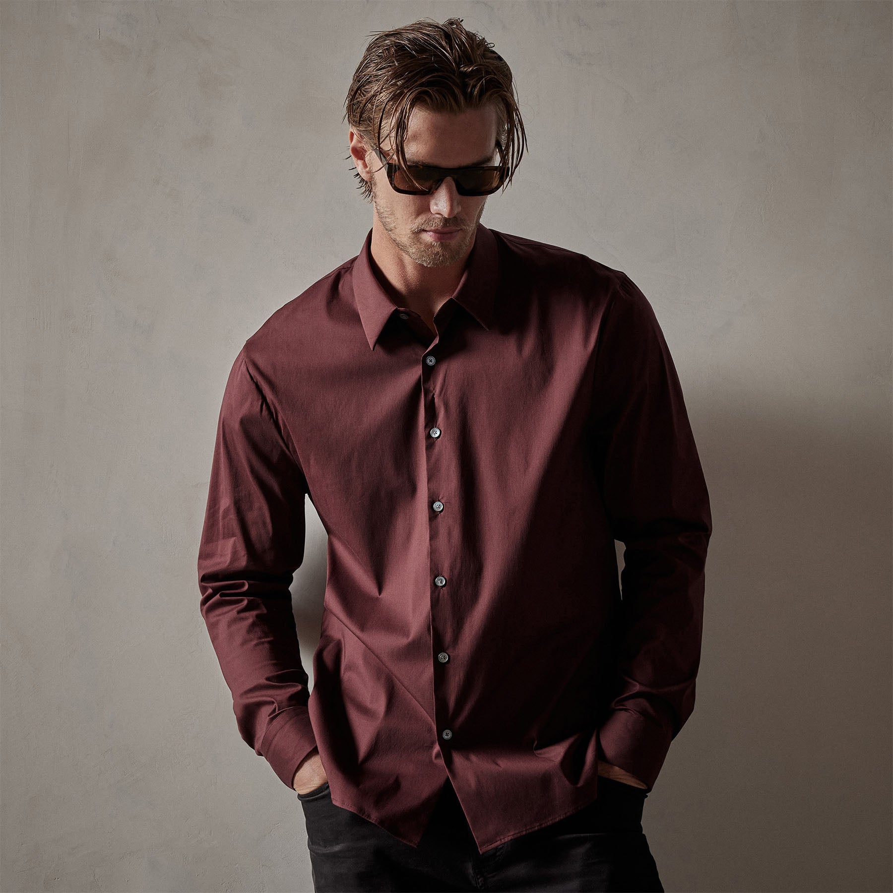 Matte Stretch Poplin Dress Shirt - Port | James Perse Los Angeles