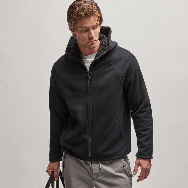 Sherpa Lined Scuba Hoodie - Dark Olive/Cream