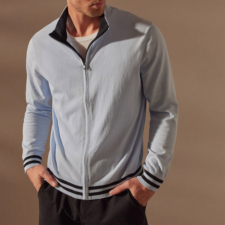 Double Retro Striped Zip Up Cardigan Bleached Blue Black James Perse Los Angeles