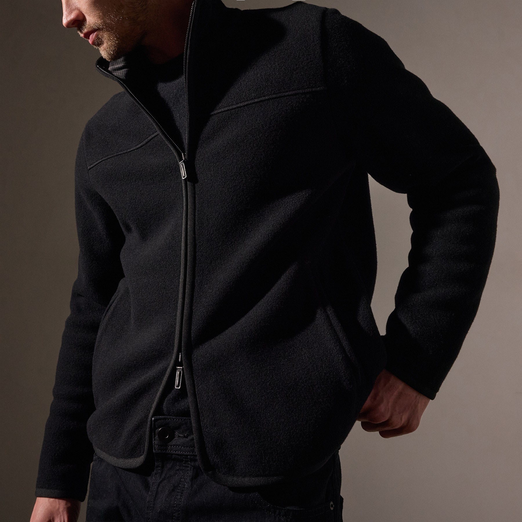 Wool Jersey Zip Front Funnel Neck - Black/Black | James Perse Los Angeles