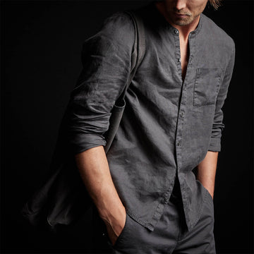 Black linen chinese collar Shirt with chest pocket