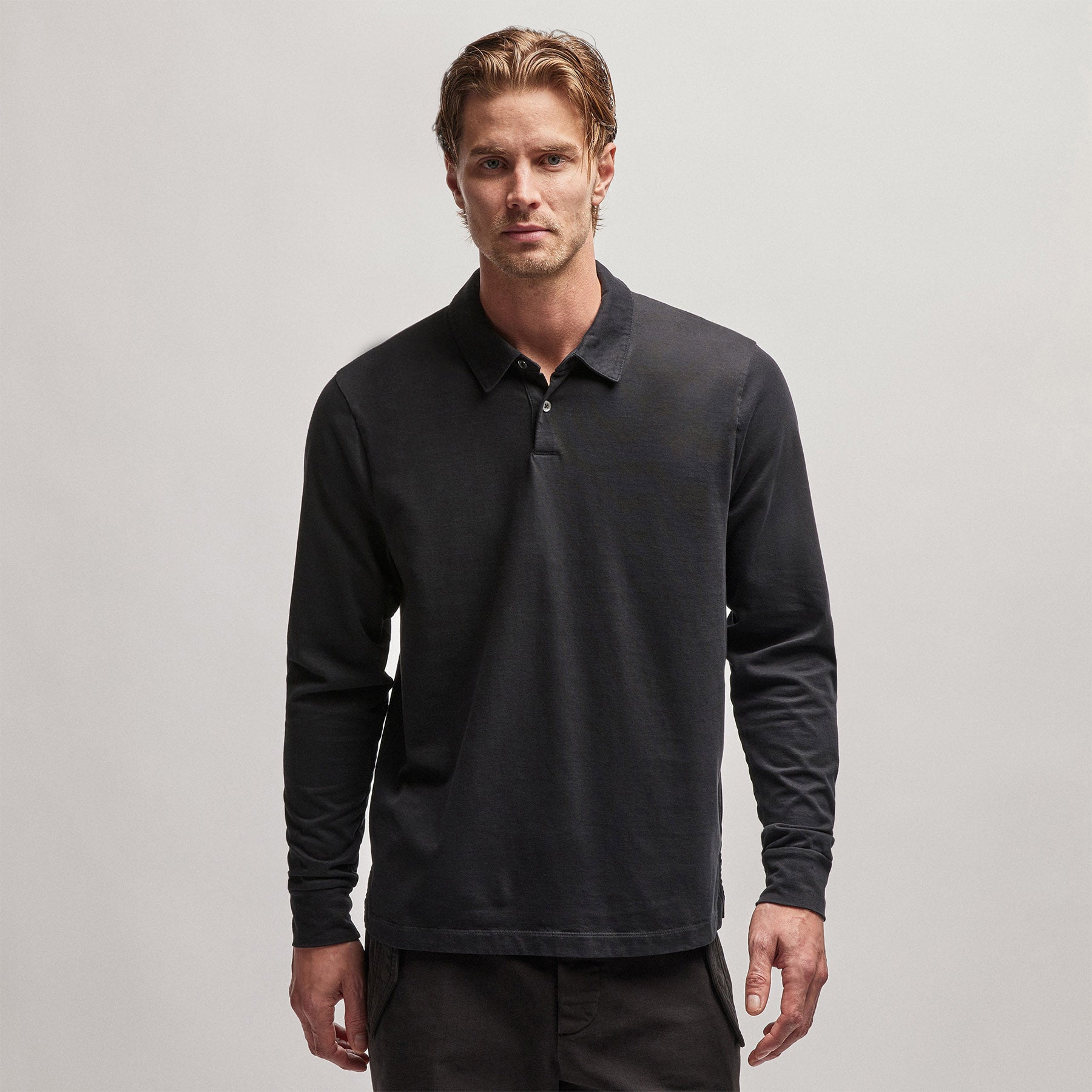 Heavy Luxe Jersey Long Sleeve Polo - Black | James Perse Los Angeles