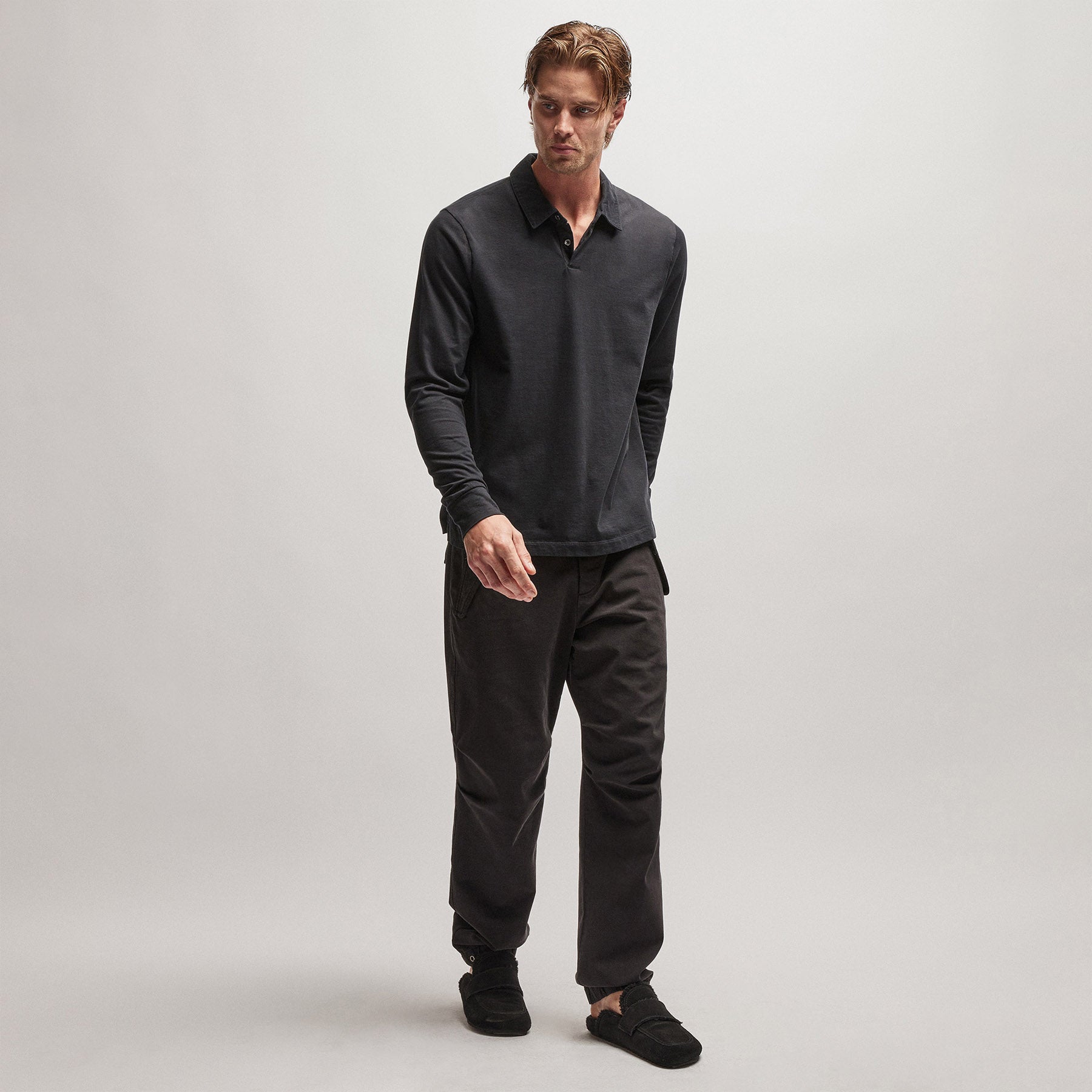 Heavy Luxe Jersey Long Sleeve Polo - Black | James Perse Los Angeles