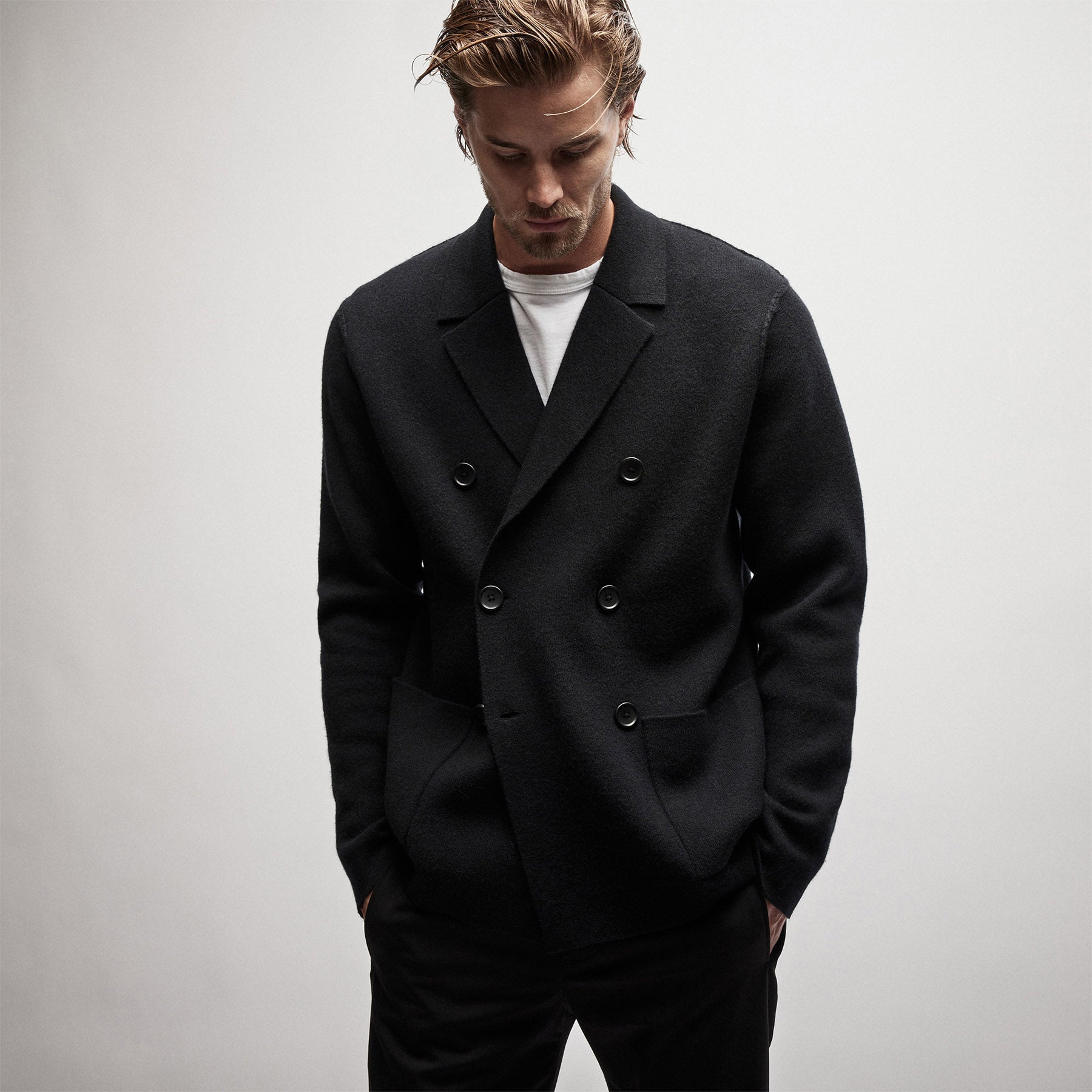 Double Breasted Cashmere Blazer - Black | James Perse Los Angeles