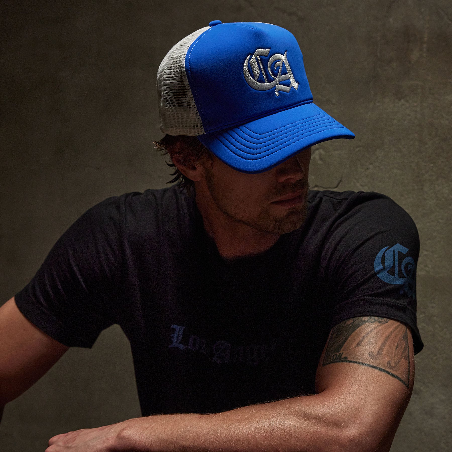 CA Embroidered Scuba Trucker Hat - Baltic Blue/White | James Perse 