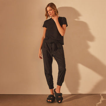 STRETCHY POLYESTER/RAYON TWILL DRAWSTRING PANTS(S Black): Y's｜THE