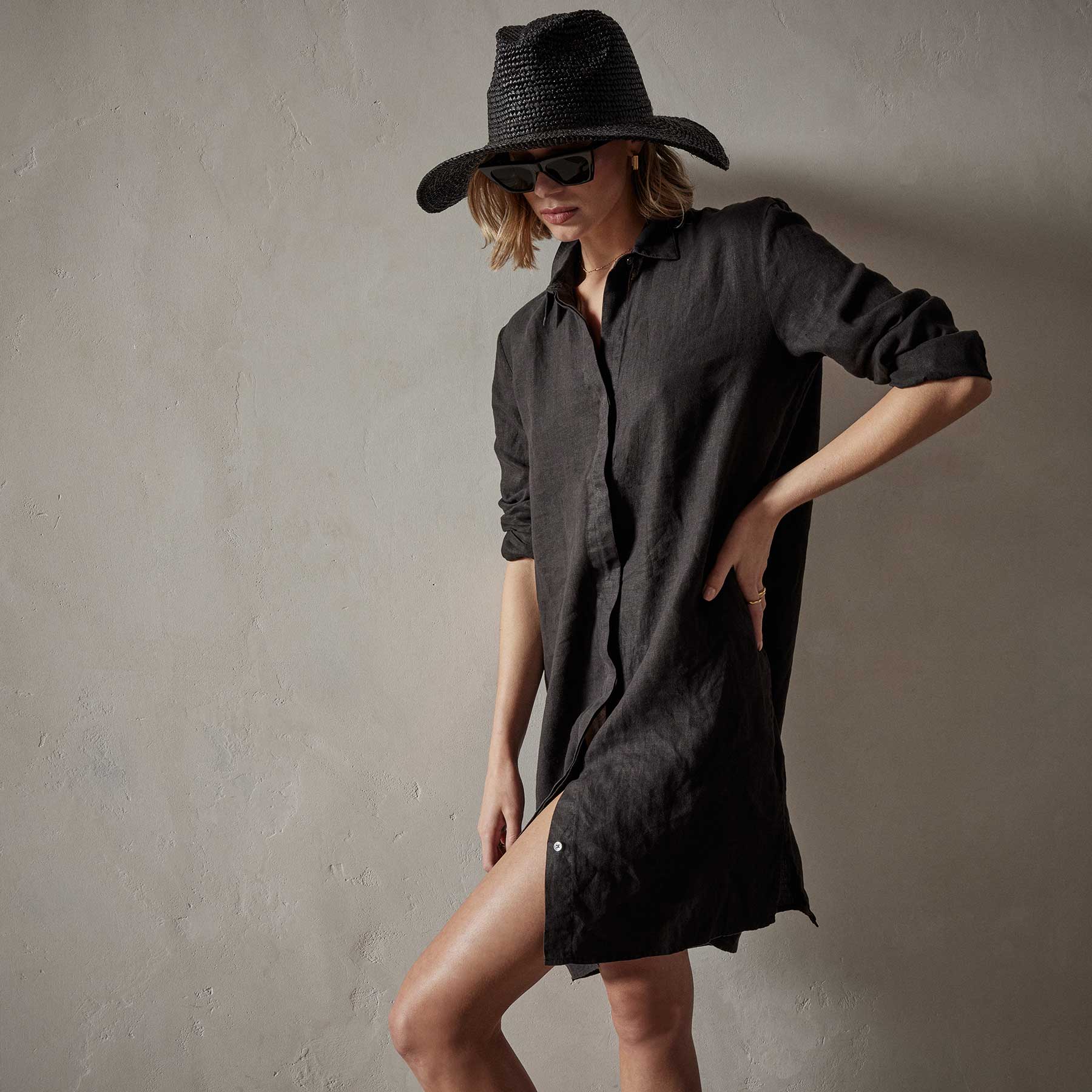 Lightweight Linen Shirt Dress - Black | James Perse Los Angeles