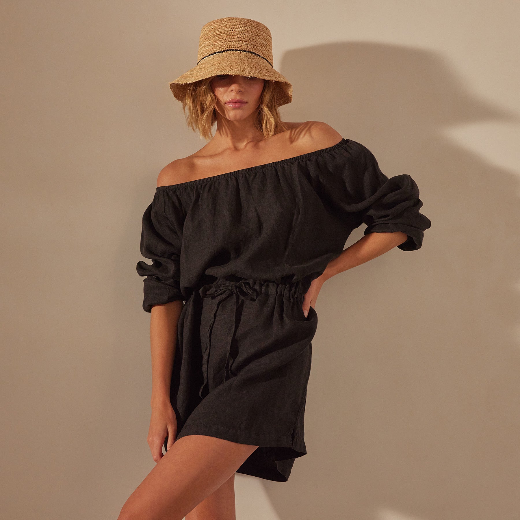 Gathered Linen Dress Black