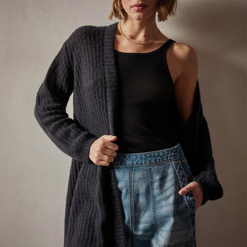 Textured Cashmere Knit Cardigan - Black