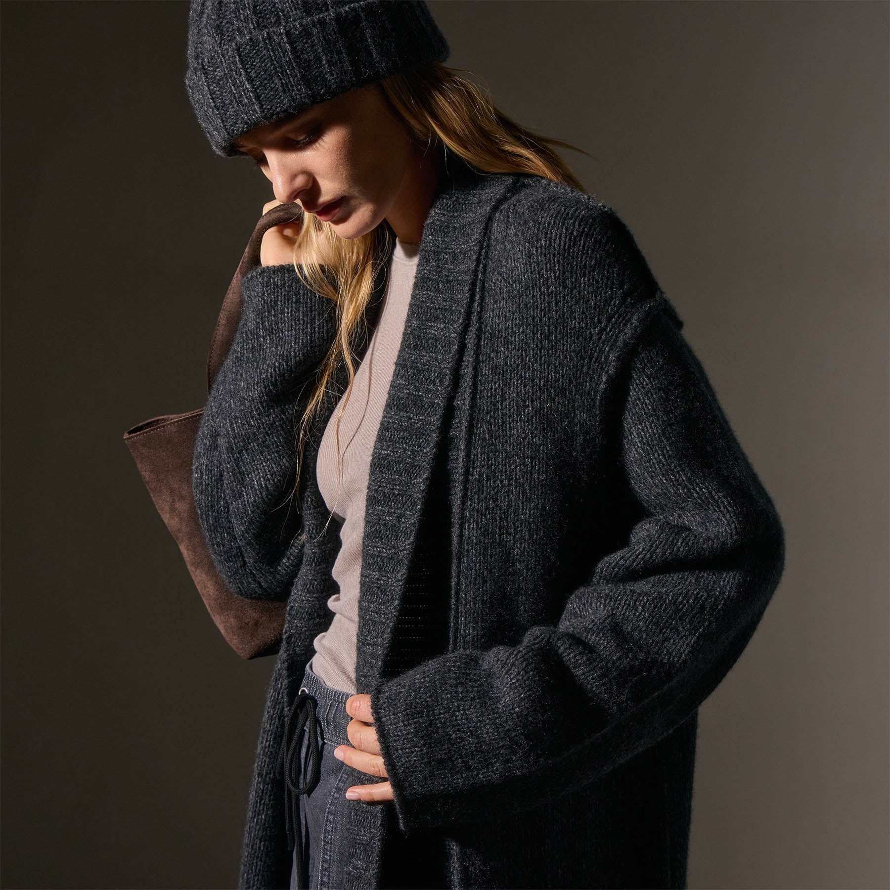 Chunky Knit Cashmere Marl Cardigan Charcoal Marl James Perse Los Angeles