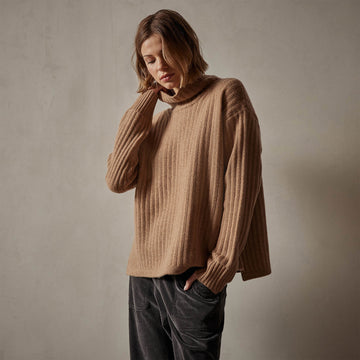 Ribbed Cashmere Funnel Neck Caramel