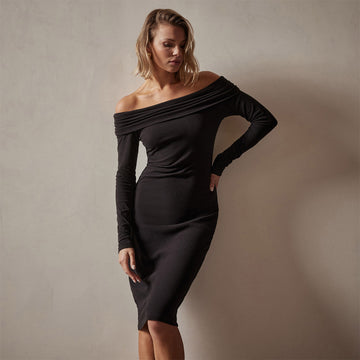 Brushed Jersey Off The Shoulder Dress - Black