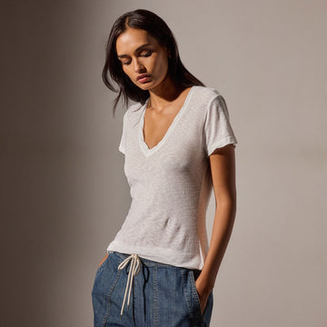 Sheer Slub Casual V Neck White