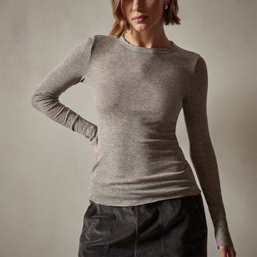 Cotton Cashmere Blend Ribbed Long Sleeve Crew - Heather Grey