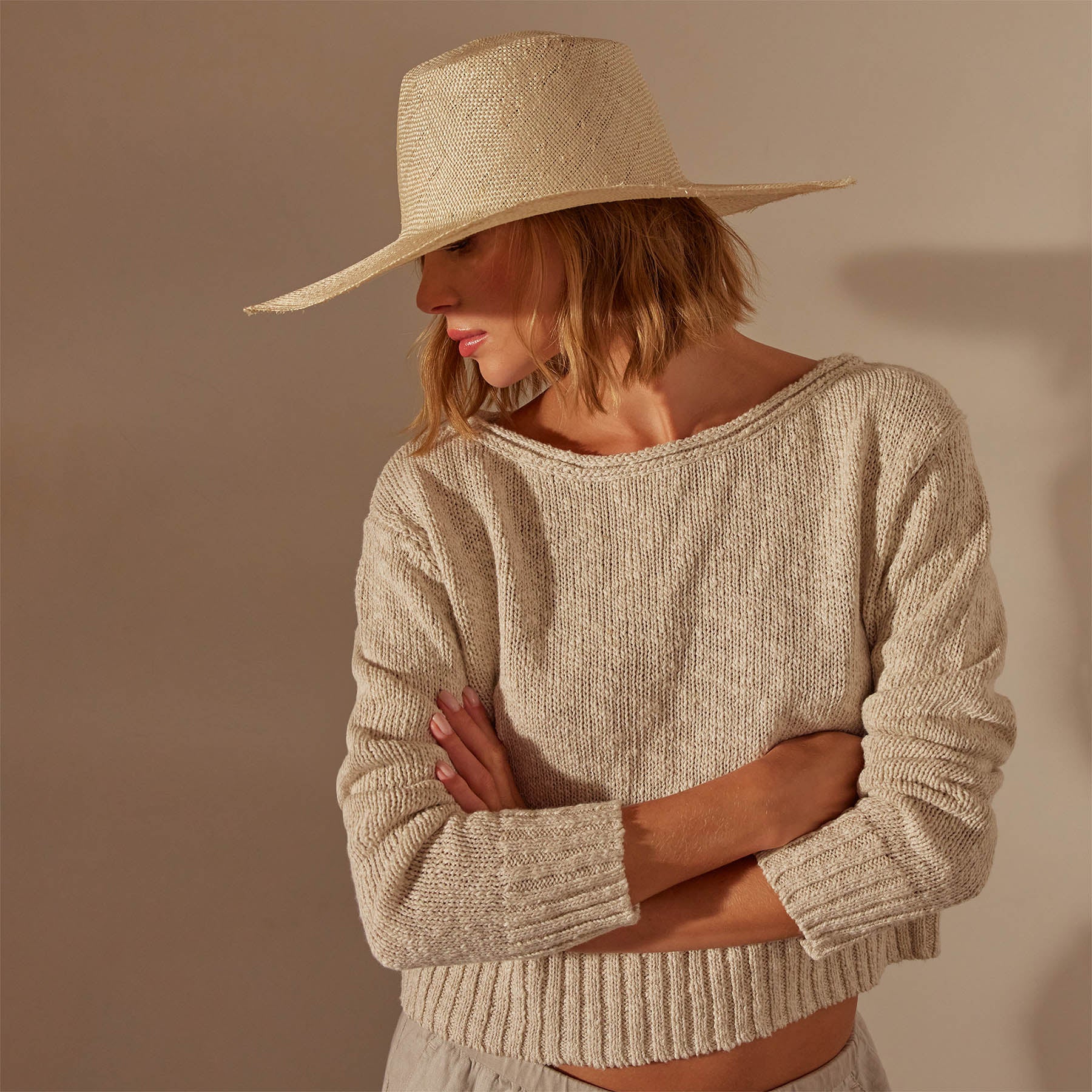Cotton Linen Boatneck Sweater - Natural