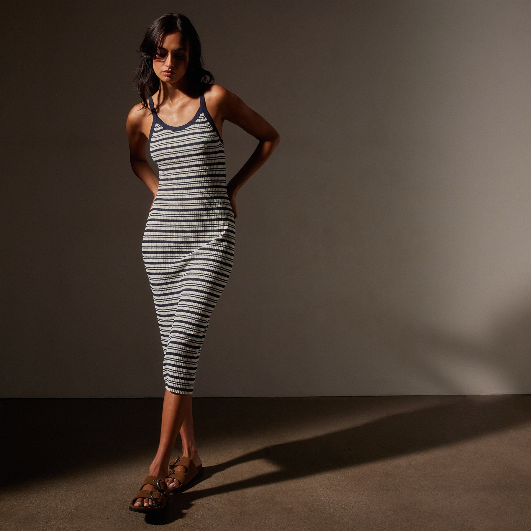 Stretch Linen Ribbed Dress - Canvas/Navy Stripe | James Perse Los Angeles