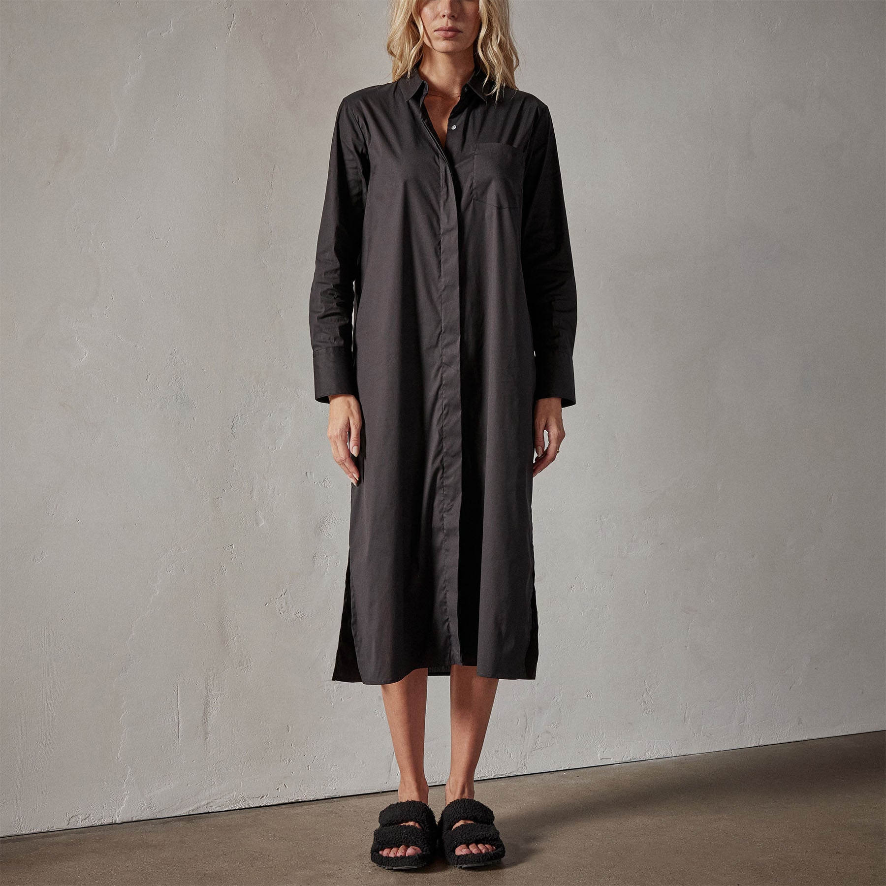 Matte Stretch Poplin Shirt Dress - Black